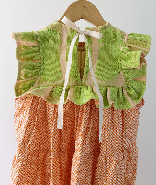 Ellery Tier Dress - lime pineapple on orange and small orange pattern (5yo)