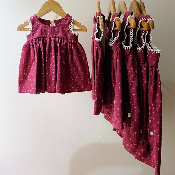 Drop Back Dress with Trim - mini tinkerbell on maroon