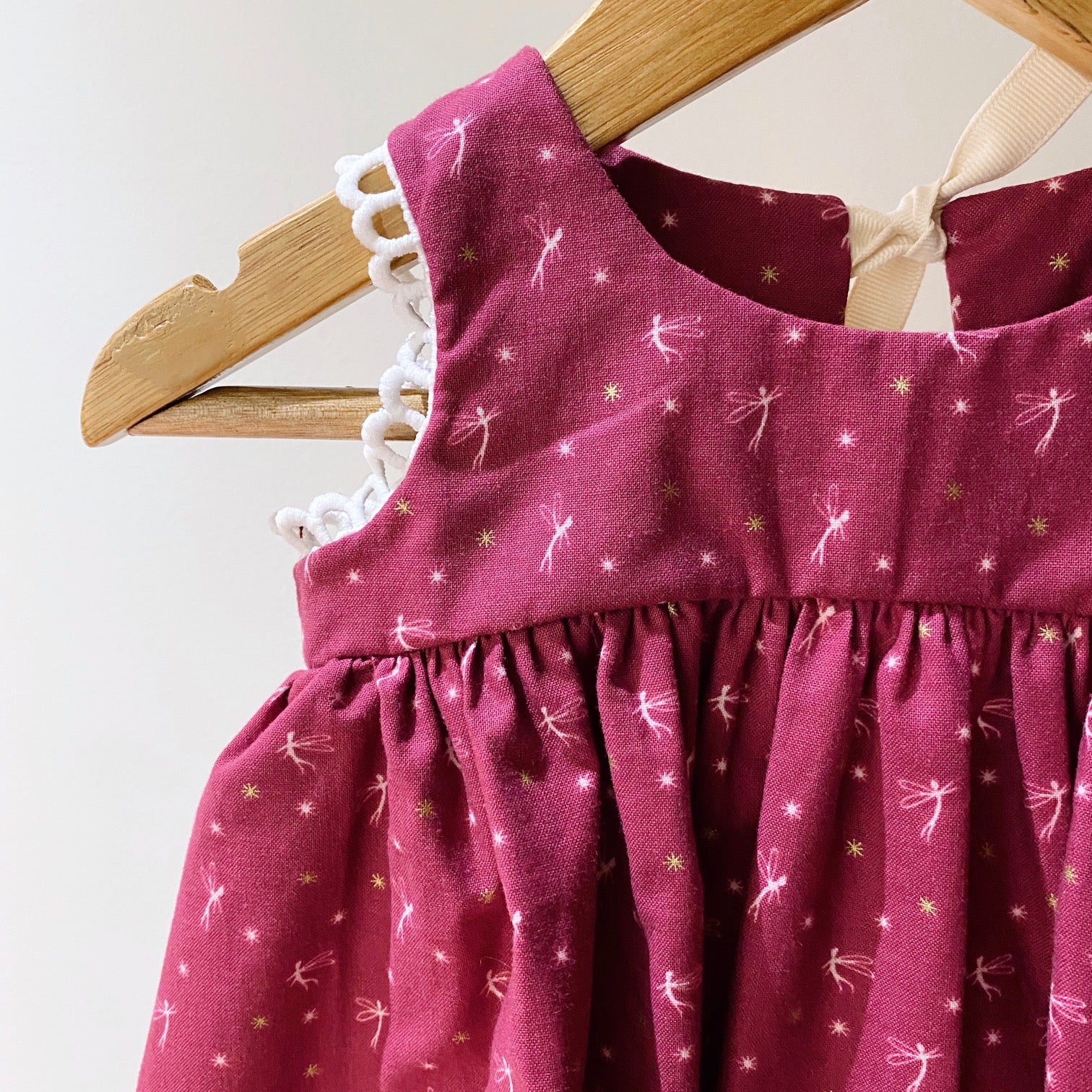 Drop Back Dress with Trim - mini tinkerbell on maroon