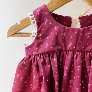 Drop Back Dress with Trim - mini tinkerbell on maroon