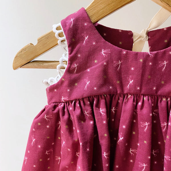 Drop Back Dress with Trim - mini tinkerbell on maroon