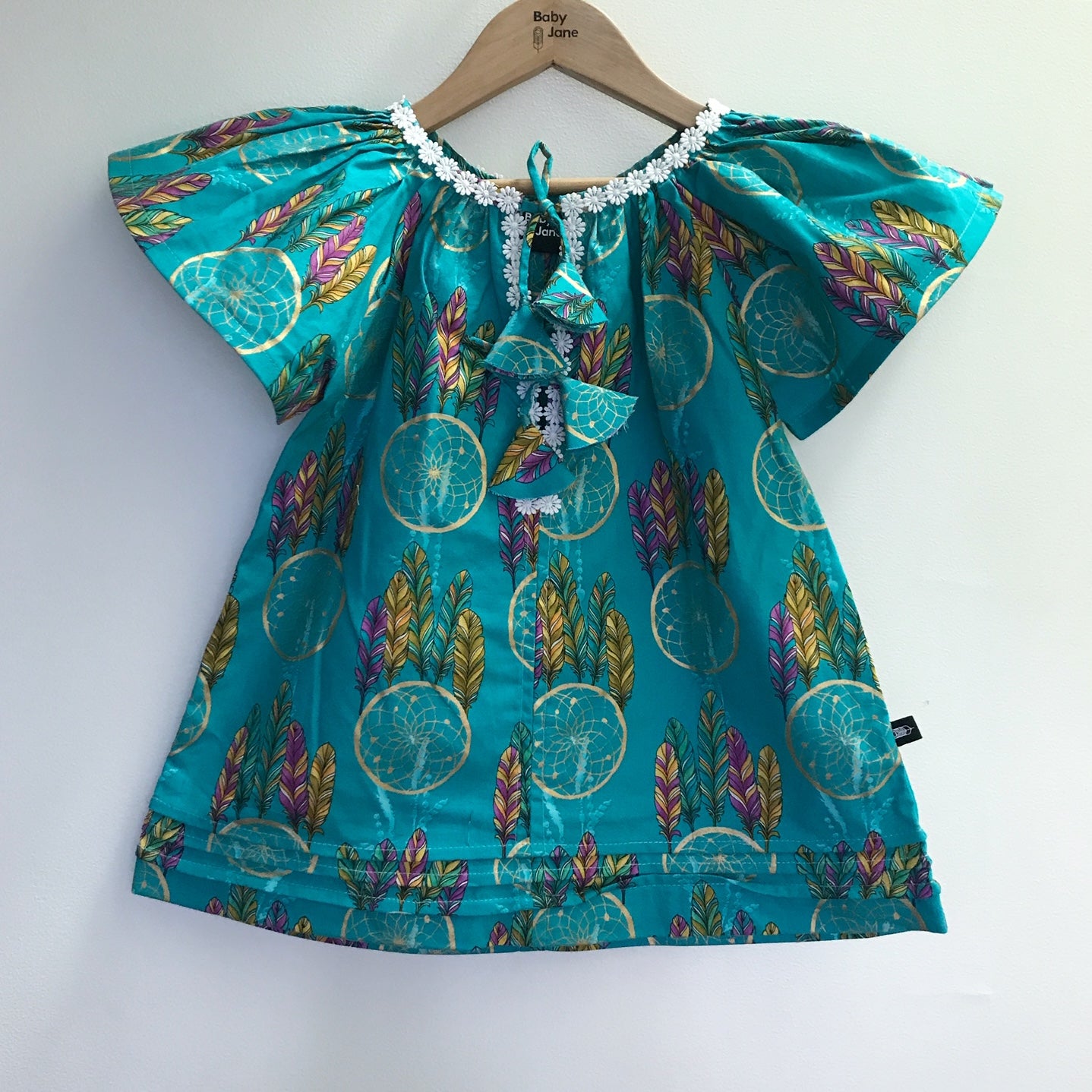 Charlotte Smock-Bell Dress - aqua dreamcatcher (size 2-4yo)