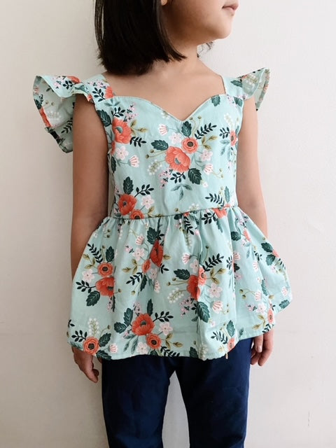 Lulu Top - anemone bloom on sage (5-8yo)