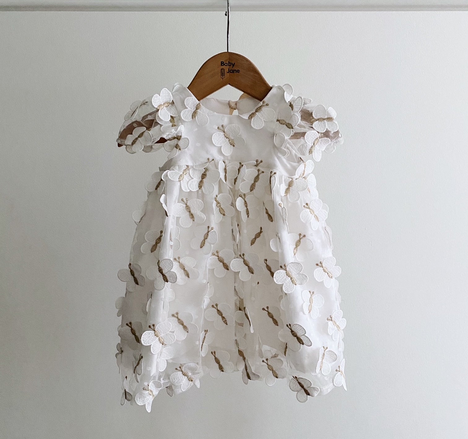 Embroidery Lace Dress with Ruffle Sleeves - white butterflies (12m)