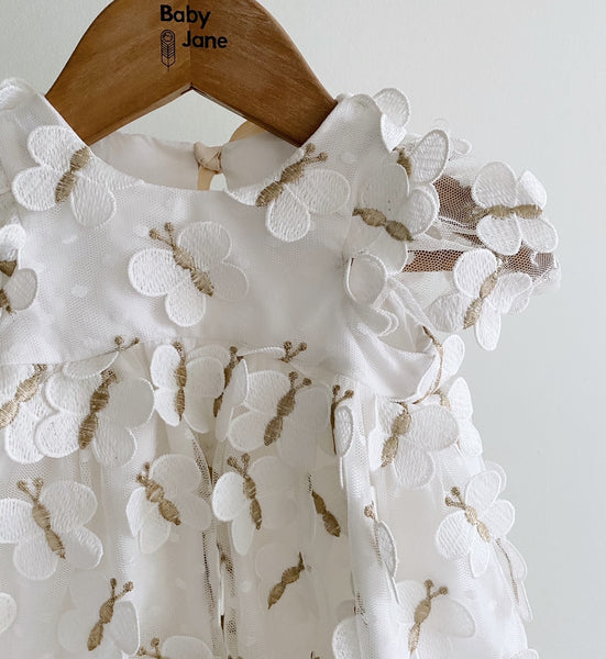 Embroidery Lace Dress with Ruffle Sleeves - white butterflies (12m)