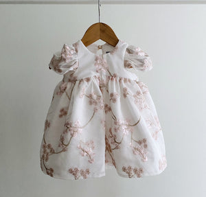 Embroidery Lace Drop Back Dress with Ruffle Sleeves - baby pink cherry blossoms (12m)