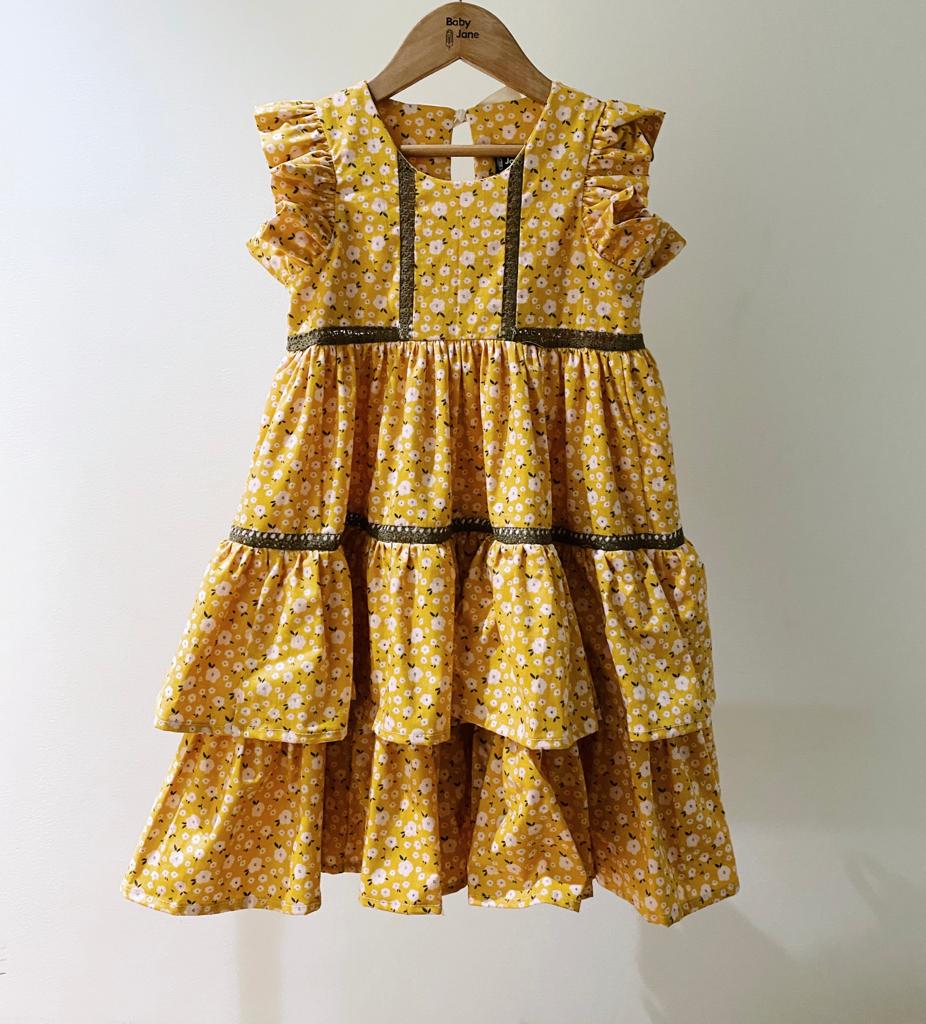 Wilhem Tier Dress - blush daisies on mustard (5yo)