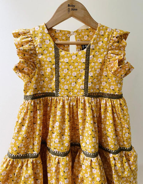 Wilhem Tier Dress - blush daisies on mustard (5yo)