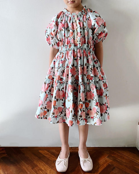 Rosita Tier Dress (5yo) - roses on duck eggshell