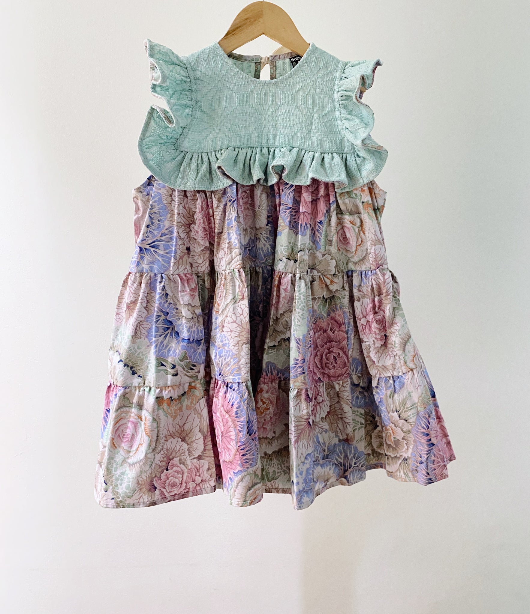 Ellery Tier Dress - mint pattern with floral cabbage (special print) (5yo)