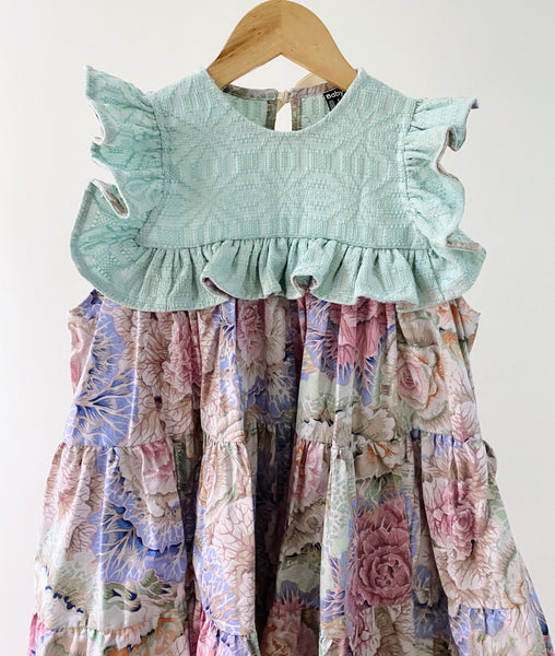 Ellery Tier Dress - mint pattern with floral cabbage (special print) (5yo)