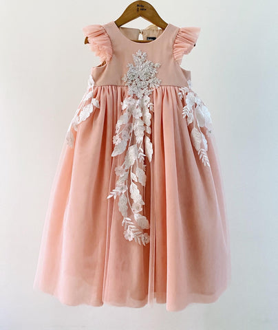Embroidery Long Lace Drop Back Ball Gown with Ruffle Sleeves (2yo) peachy blush