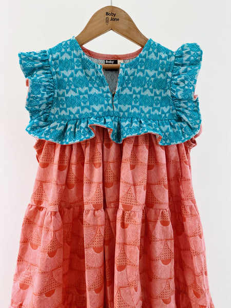Ellery Tier Dress (4yo) - aqua geo pattern with coral solihiya fan