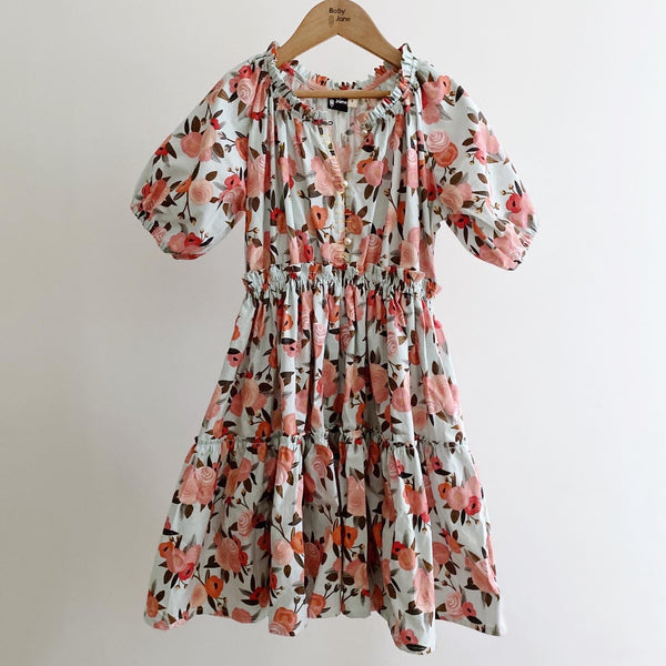 Rosita Tier Dress (5yo) - roses on duck eggshell