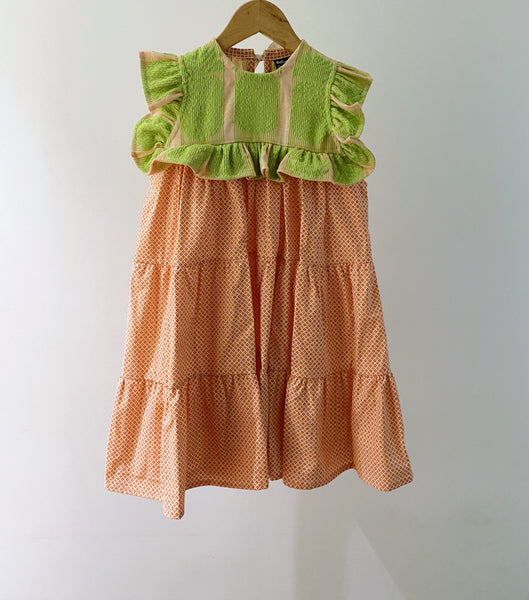 Ellery Tier Dress - lime pineapple on orange and small orange pattern (5yo)