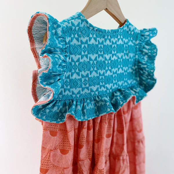 Ellery Tier Dress (4yo) - aqua geo pattern with coral solihiya fan