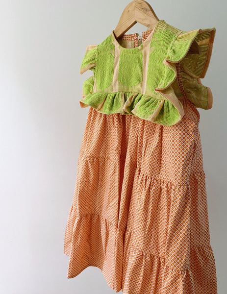 Ellery Tier Dress - lime pineapple on orange and small orange pattern (5yo)