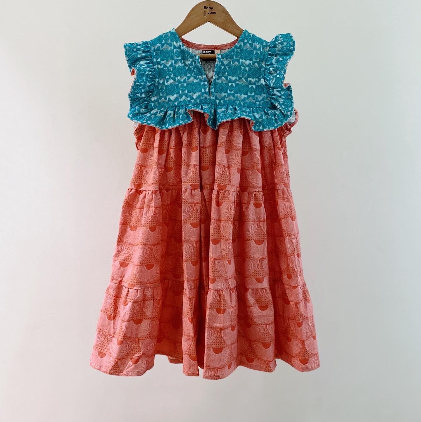 Ellery Tier Dress (4yo) - aqua geo pattern with coral solihiya fan