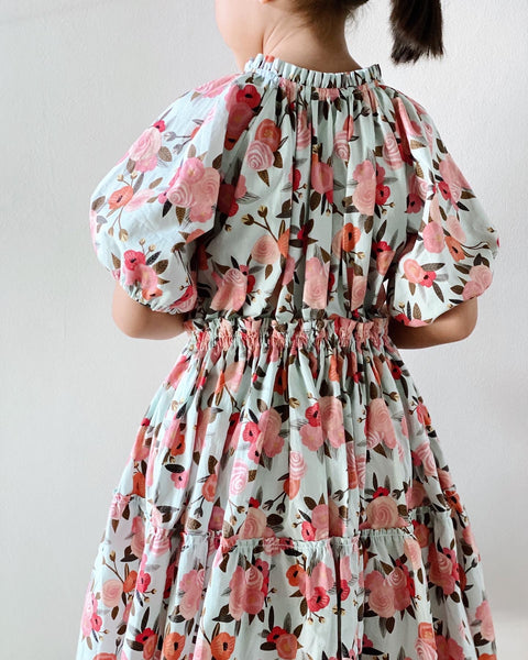 Rosita Tier Dress (5yo) - roses on duck eggshell