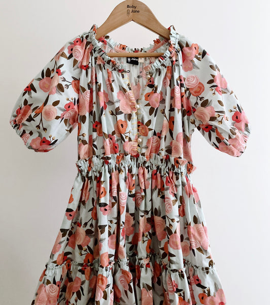 Rosita Tier Dress (5yo) - roses on duck eggshell