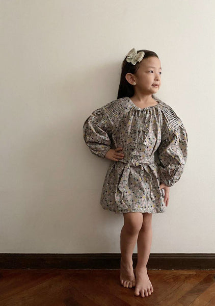 Harriet Pleated Smock Dress - small floral on gray