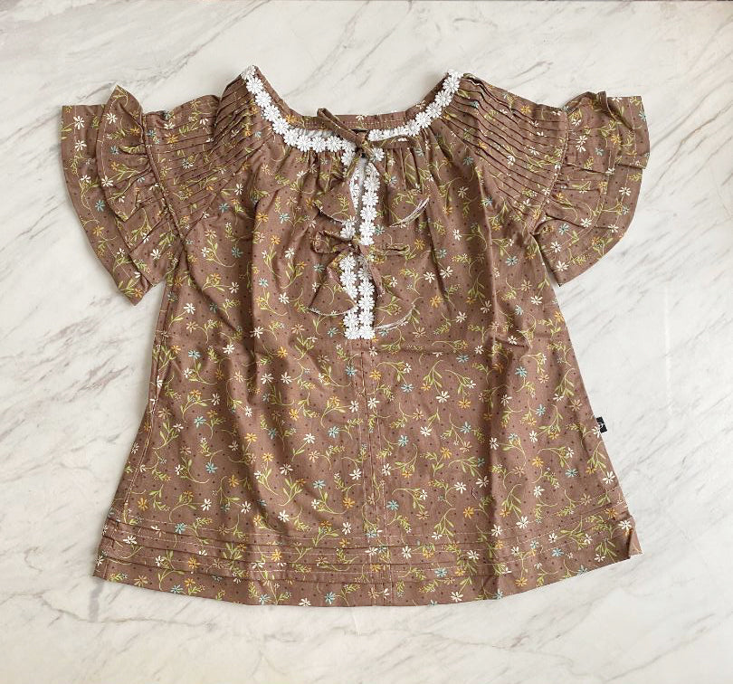 Charlotte Smock-Pleated Bell Dress - small daisies on chestnut