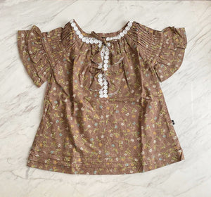 Charlotte Smock-Pleated Bell Dress - small daisies on chestnut