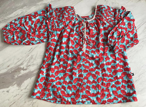 Harriet Smock-Pleated Bell Dress - red lilies on aqua