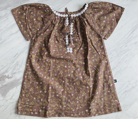 Charlotte Smock-Bell Dress - small daisies on chestnut